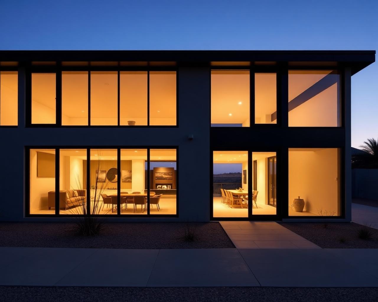 Contemporary Arizona home with black-framed picture windows