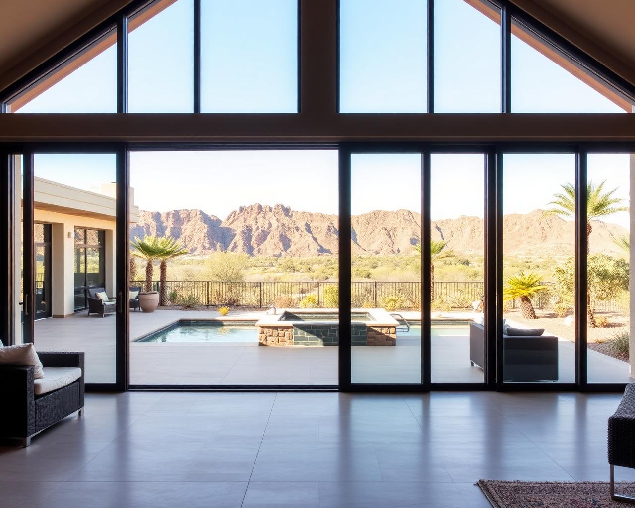 Multi-panel sliding glass patio doors with mountain view