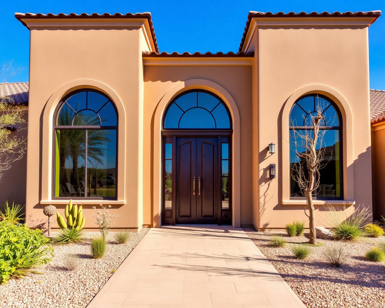 Arched Spanish-style windows and entry door